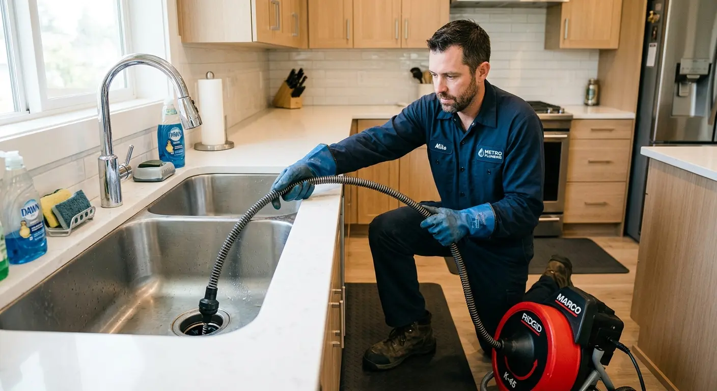 Drain cleaning technician using a motorized snake on a kitchen sink in Leavenworth