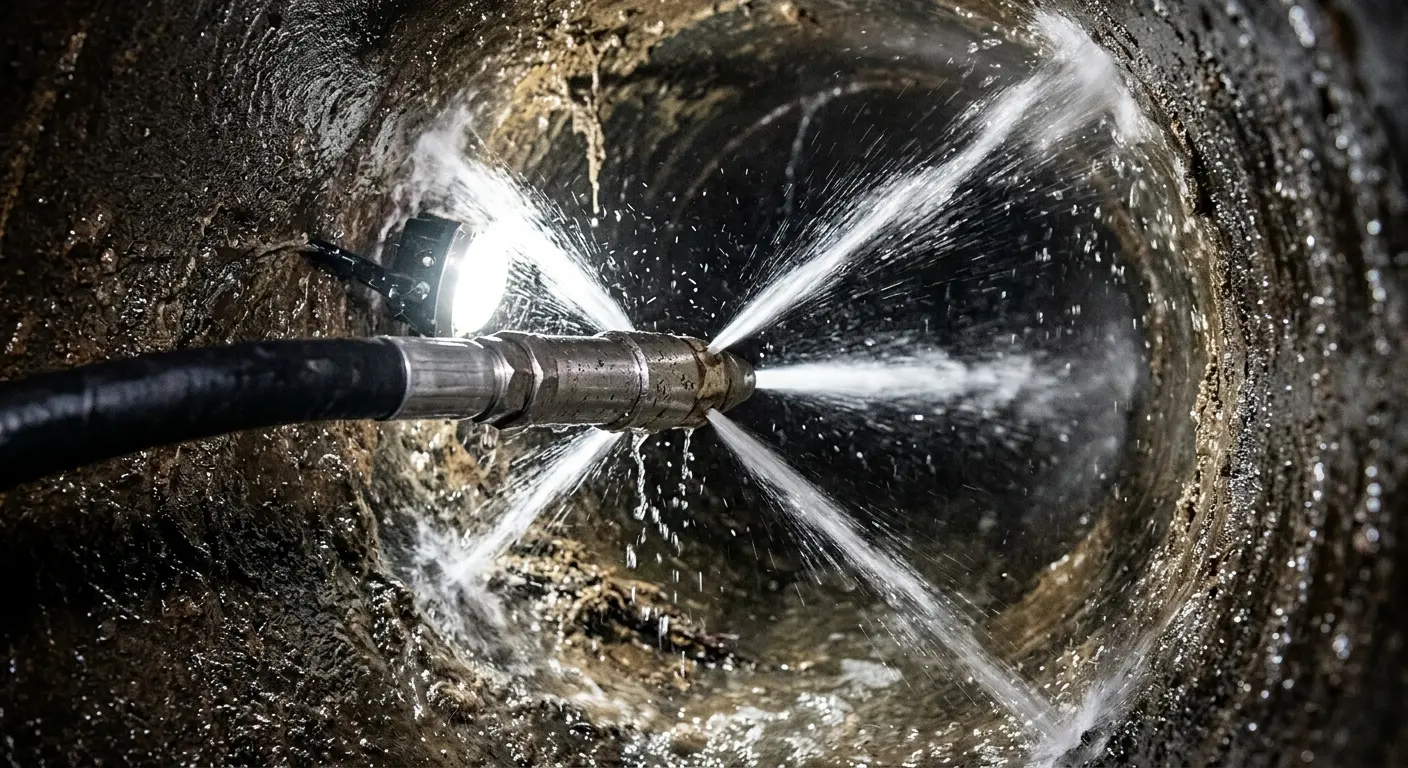 High-pressure hydro jetting nozzle cleaning sewer pipe for Trenchless Sewer Repair in Leavenworth