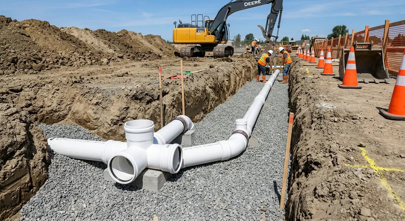 New PVC sewer pipe installation in open trench for Sewer Backup in Leavenworth
