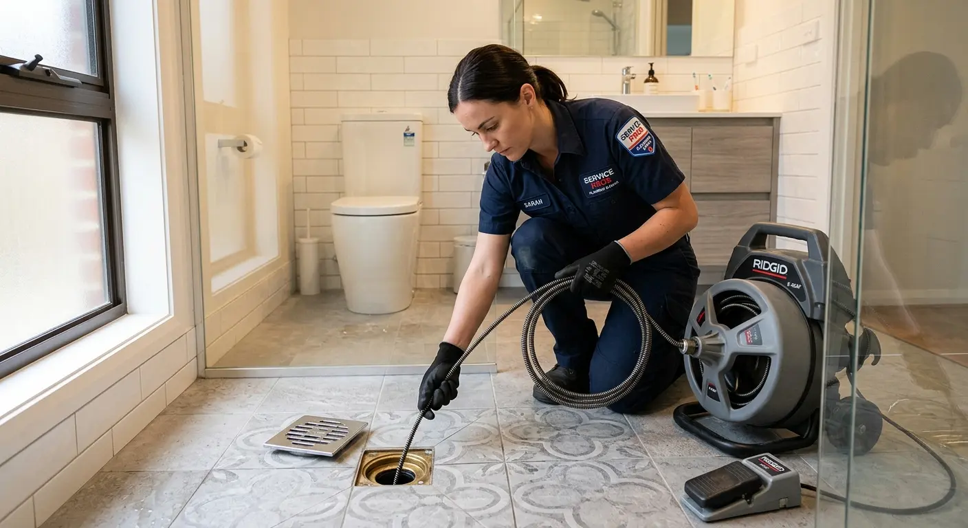 Technician clearing a bathroom floor drain for Clogged Drain Repair in Leavenworth